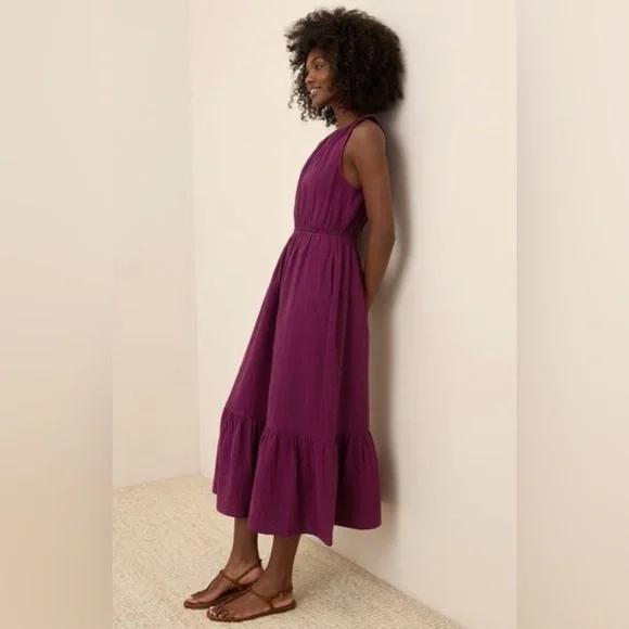 Pact Organic Cotton Coastal Double Gauze Tiered Midi Dress Size Large - Picture 1 of 14